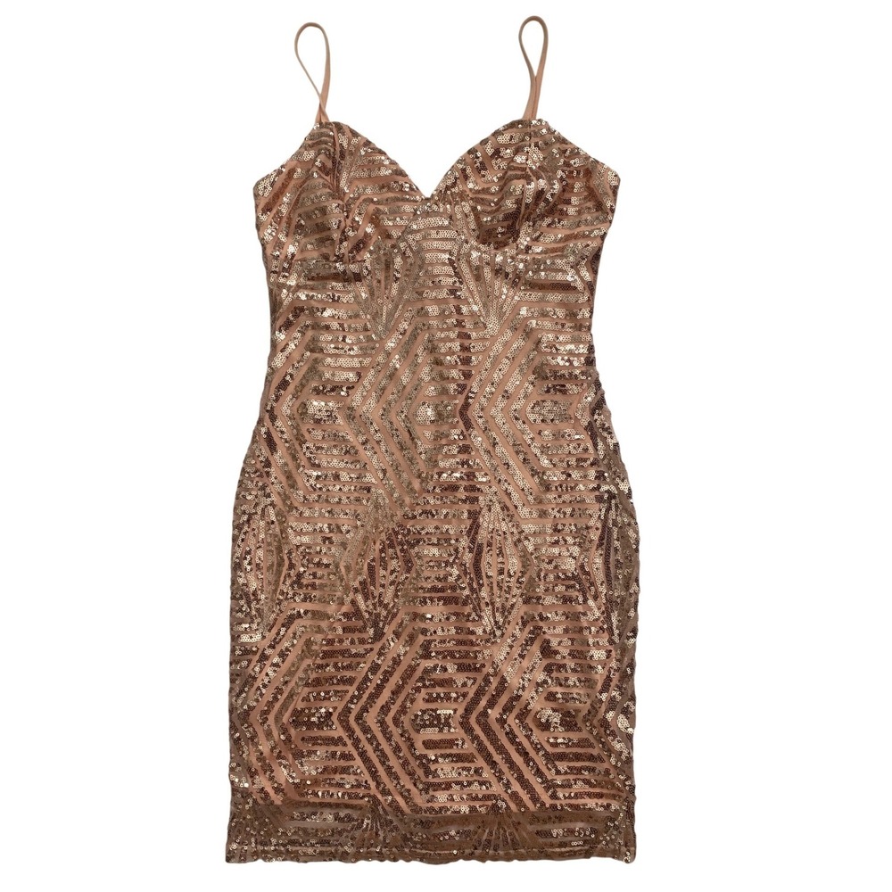 Guess Los Angeles Rose‎ Gold Sequin Geometric Bodycon Mini Dress Small V-Neck